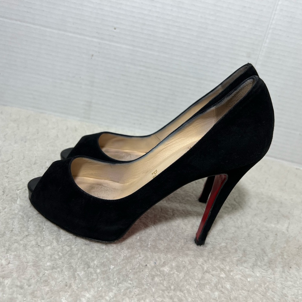Christian Louboutin Black Suede Peep-Toe Pumps with Signature Red Soles